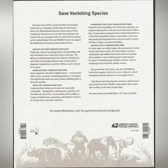 100 Save Vanishing Species Tigers Tiger USPS 2011 Forever Postage Stamps Stamp - Picture 2 of 5
